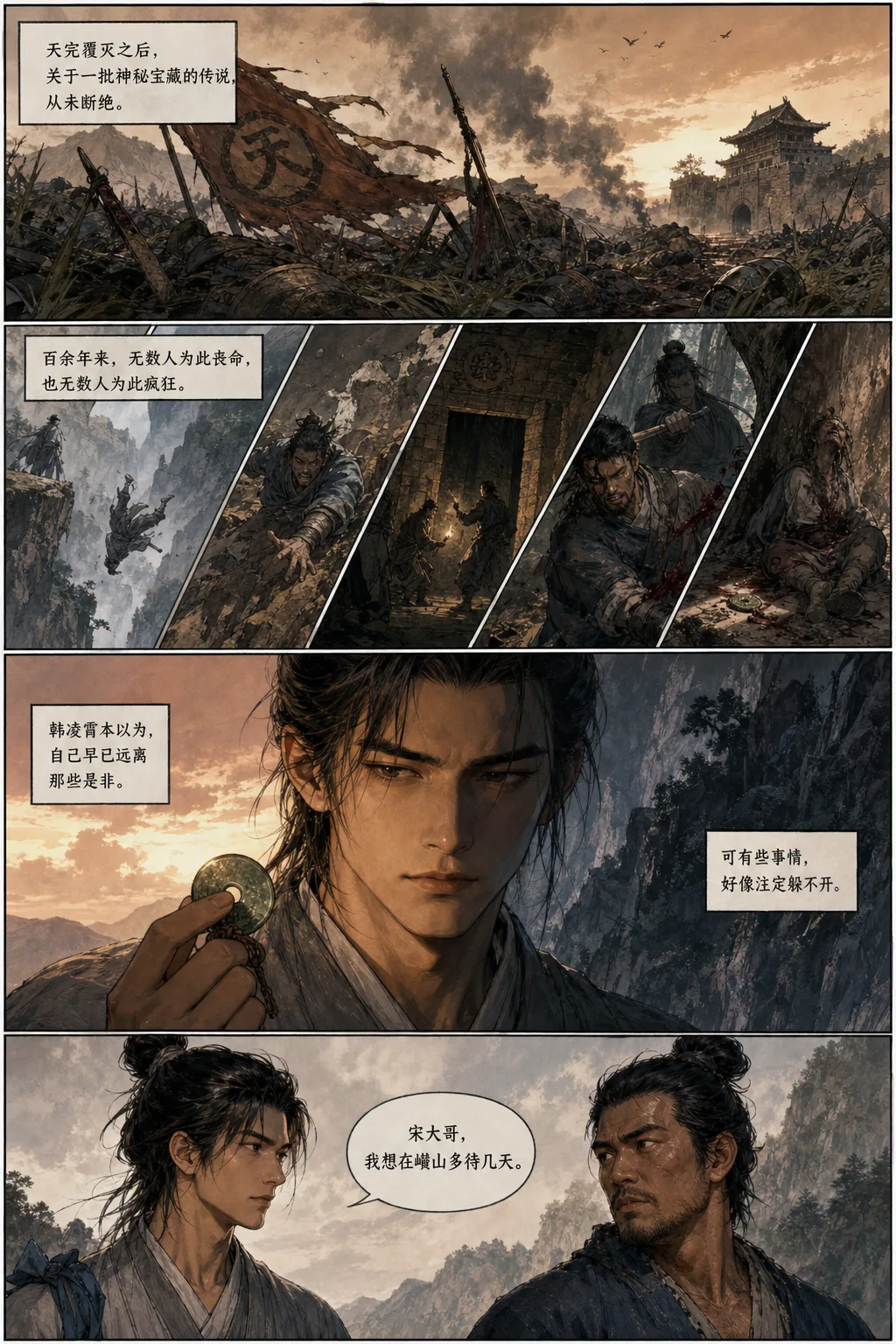 宝藏的传说五格：烽烟中的残破城楼与倒伏战旗，旗上「天完」二字；斜切分镜表现寻宝者的坠崖与地宫里厮杀的惨状；韩凌霄站在苍茫山色前握着玉牌；末格他转向宋铁山开口。旁白：百余年来，无数人为此丧命，也无数人为此疯狂。